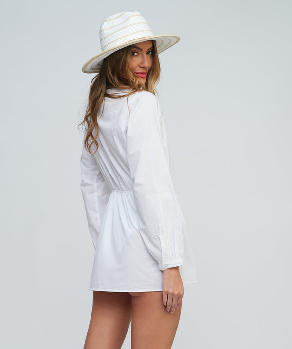 Back View: White Cotton Beach Tunic with Fringe Collar and Lace Panels