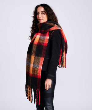 Black/Red Oversized Fringed Checked Blanket Scarf