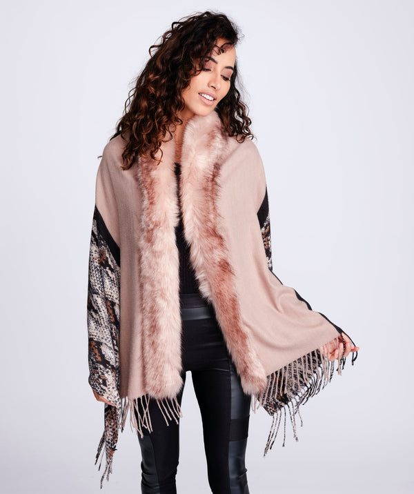 Blush Python Print Scarf with Faux Fur Trim