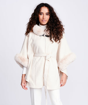 Cream Faux Fur Trimmed Belted Wrap 