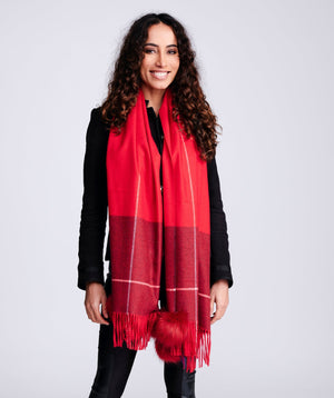 Red Check Blanket Scarf with Faux Fur Pom Poms