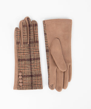 Camel Wool Gloves with Classic Check Print and Button Embellishment