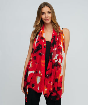 Red Floral Printed Oblong Scarf with Raw Edging